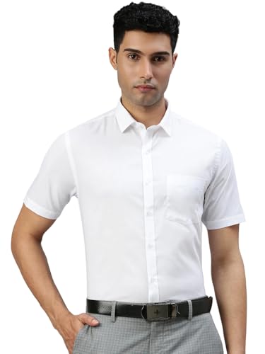 Image of RAMRAJ COTTON Men White Half Sleeve Shirt Crafted For Comfort| Durability| And Timeless Everyday Style