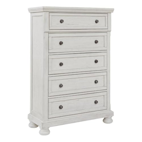Image of Signature Design by Ashley Robbinsdale Tall Chest of Drawers, Antique White | 5 dovetail drawers, 58-in vertical profile, Select oak veneer, Engineered wood, Solid wood components, Cast resin components
