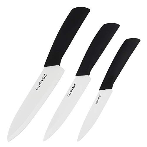 Ceramic Knife Set 3-Piece with Knife Sheaths,Porcelain Knives(Includes 6-inch Chef's Knife,5-inch Utility Knife and 4-inch Fruit Paring Knife,White Blade,Black Handle)
