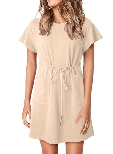 Image of EVALESS Womens Spring Summer Dresses 2026 Casual Round Neck Ruffle Short Sleeve Flowy A Line Mini Dress with Pockets