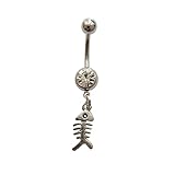 Funny Fish Bone Dangle Belly Button Ring, Mini Skeleton Charm Stainless Steel 14 Gauge Navel Barbell Ring, Ocean Beach Jewelry for Man Woman
