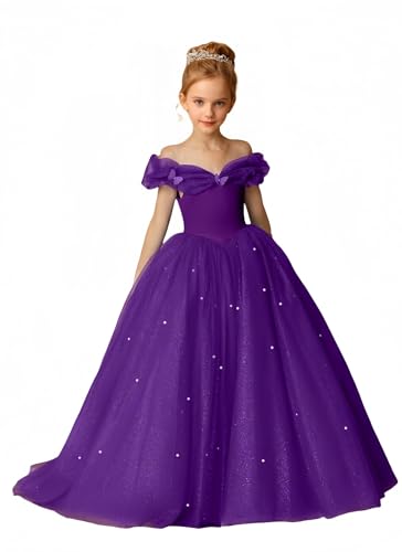 LTW Off Shoulder Flower Girl Dresses for Wedding Puffy Pageant Dress for Girls Birthday Princess Ball Gown