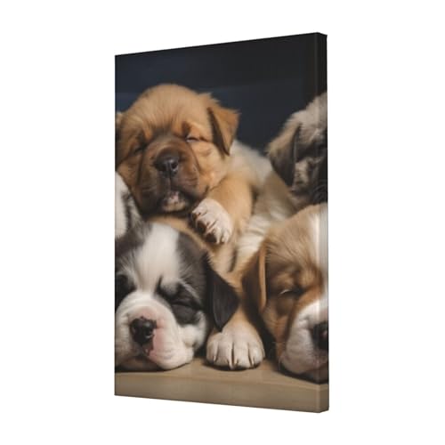 Peinture à l'huile chiens endormis sur toile encadrée - Décoration murale salon moderne 40x61 cm