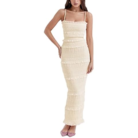AvoDovA Women Sling Long Dress, Sleeveless Off Shoulder Solid Color Ruffle Party Club Summer Spring Dress (Champagne, M) Cover