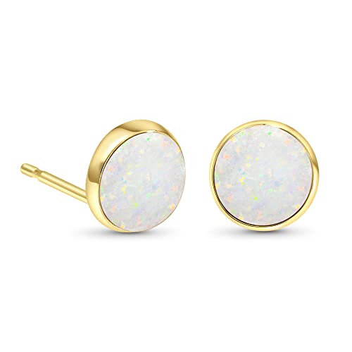 14K Gold White Opal Stud Earrings - 14K Solid Yellow Gold Studs, Dainty 8mm October Birthstone Medium Size Opal Jewelry, Simple Handmade Gift for Classy Women