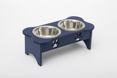 2 qt. 8.5 in. Medium High Double Poly Wood Dog Bowl with 2 Stainless Steel Bowls Patriot Blue
