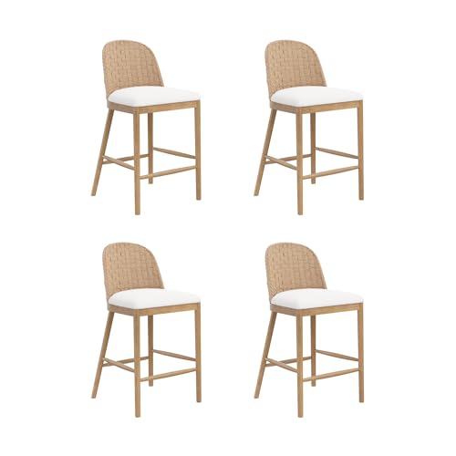 Image of Nathan James Rikki Seagrass Bar Stool with Back, 4-Pack Boucle Counter Stool with Upholstered Seat, Solid Wood Frame, and Woven Seagrass Backrest