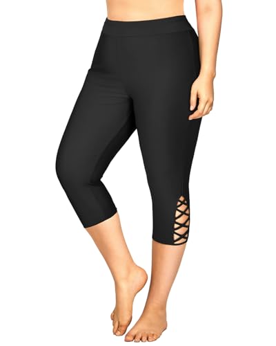 Holipick Black Plus Size Swim Pants for Women Criss Cross Swim Capris High Waisted Swim Leggings UPF 50+ Long Swim Shorts 26W