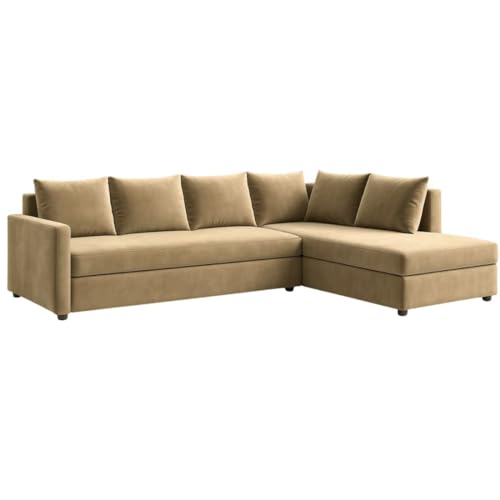 Image of FURNY Gloria 6 Seater Fabric RHS L Shape Sofa Set (Beige) Premium Velvet Finish | Durable Comfort | Ideal for Living Room