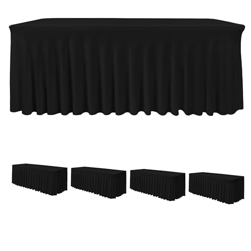 Image of HolidayIdeas Black 4ft Rectangle Spandex Tablecloth 4 Pack Fitted Stretch Table Skirts 24x48 Inch, Ruffle Design Wrinkle-Free Polyester Table Cover for Banquets,Trade Shows, Parties, Events
