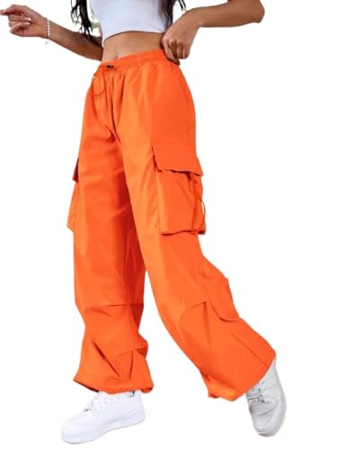 Womens Dopamine Orange Solid Color Drawstring Cargo Pants Loose Extra Long Pant Trousers for Women