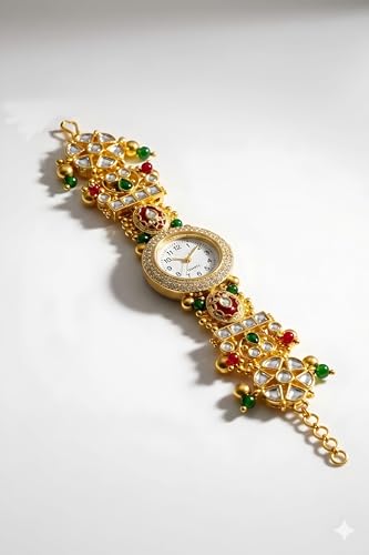 Image of Kashmiri Meenakari Round Dial Bracelet Watch, Gold Tone, Red and Green Kundan, Traditional Indian Jewellery Style