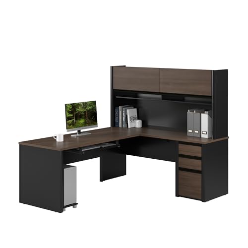 Image of Bestar L Shaped Desk with Drawers, Hutch, and Keyboard Tray, Executive Workstation for Home or Professional Office, 72 Inches, Connexion Collection, Antigua and Black