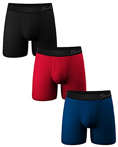 Shinesty Mens Underwear, Supportive Ball Hammock Boxer Briefs w/ Fly, Pouch Underwear for Men, Super Soft, Breathable and Moisture Wicking Men's Boxer Briefs 3 Pack Medium Multicoloured Black/Red/Navy