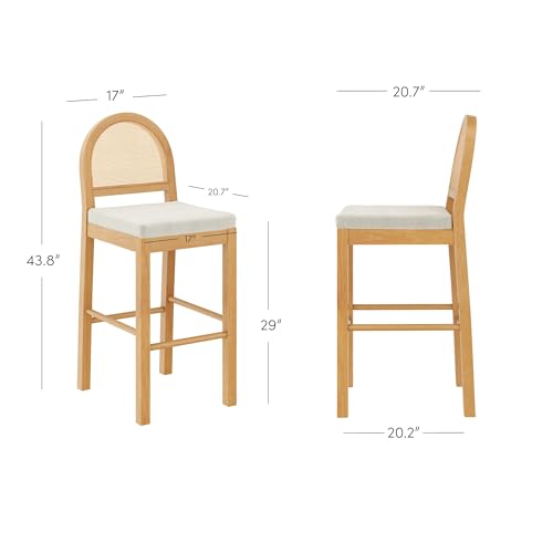 Image of Nathan James Bailey 29 in. Boucle Bar Stool with Back, Upholstered Kitchen Stool with Natural Rattan Woven Back and Solid Wood Legs, Oak Finish, Set of 4