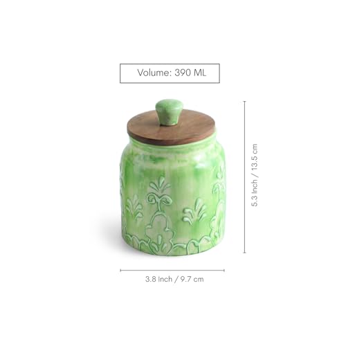 Image of ExclusiveLane 'Green Keepers' Airtight Ceramic Jars for Kitchen Storage (Set of 4, Each Jar Capacity : 390 ml, 13.5 Cm) | Ceramic Jar with Wooden Lid Salt Jars Multi-Utility Snacks Jars & Containers