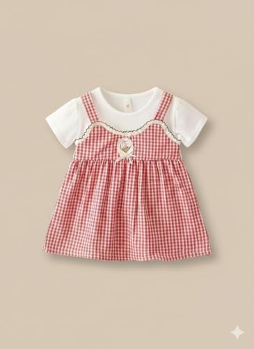 Image of A.T.U.N. (ALL THINGS UBER NICE) Baby Girls Checked Pinafore Style Dress with Inner Tee Short Sleeves | Soft Cotton Fabric | Decorative Front Bow Detail | Stylish Casual for Babies
