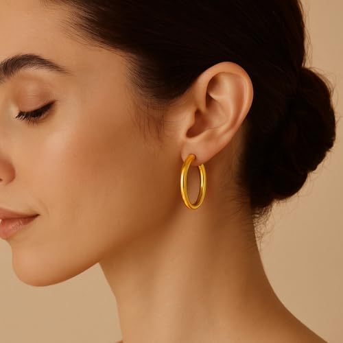 Gold Clip On Spring Hoop Earrings for Women - 14K Chunky Non Pierced Earring Plated Hoops Drop Dangle Earrings No Piercing Jewelry3
