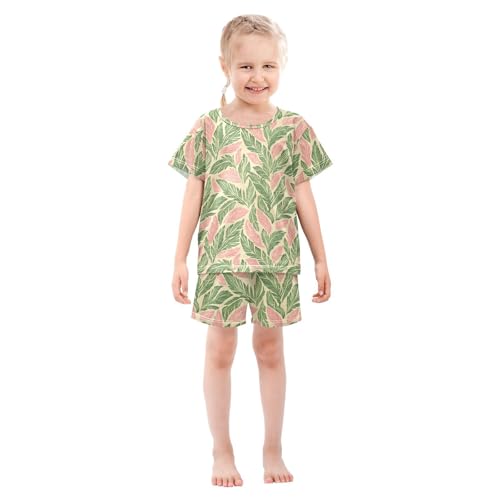 Pajama Sets Pink and Green Leaves Short Sleeve Summer Sleepwear 2 Piece Pjs3