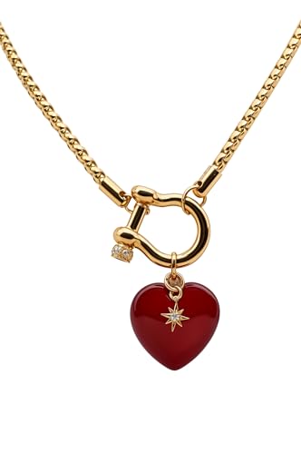 HeartsLinked Carnelian Necklace for Women - Waterproof Stainless Steel Heart Pendant Lucky Horseshoe Clasp Healing Crystal Red Gemstone - Birthday Gift for Her