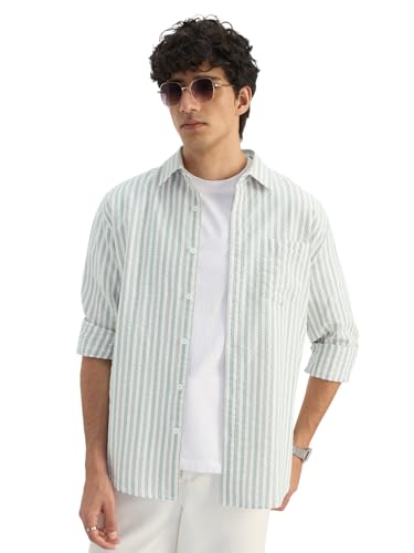Image of The Souled Store: Veridian Men and Boys Long Sleeve Spread Collar White and Light Green Striped Cotton Regular Shirt