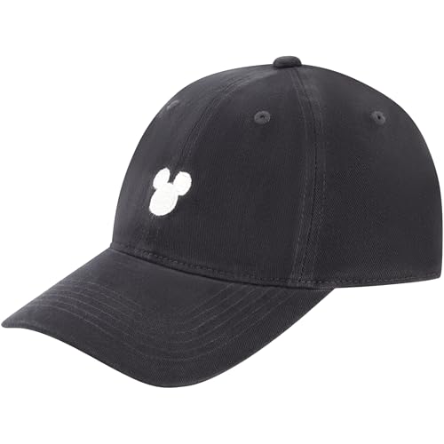 Black baseball cap with a small Mickey Mouse silhouette, a simple Disney-themed hat for sun protection on a Disney cruise.