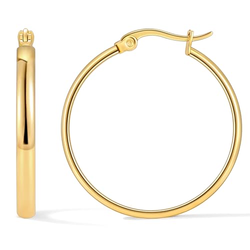 sovesi 3mm Wide Gold Plated Hoop Earrings for Women, Hypoallergenic Hoop Earring