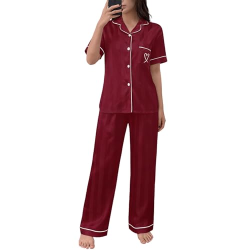 Pyjama cardigan femme avec broderie cœur ensemble manches courtes et pantalon long