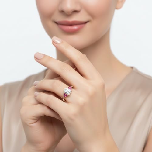 Image of Choose Your Gemstone Emerald Cut Petite Cathedral Diamond CZ Ring Yellow Gold Plated Emerald Shape Petite Engagement Rings for Women, Girls and Ladies US Size 4 to 12