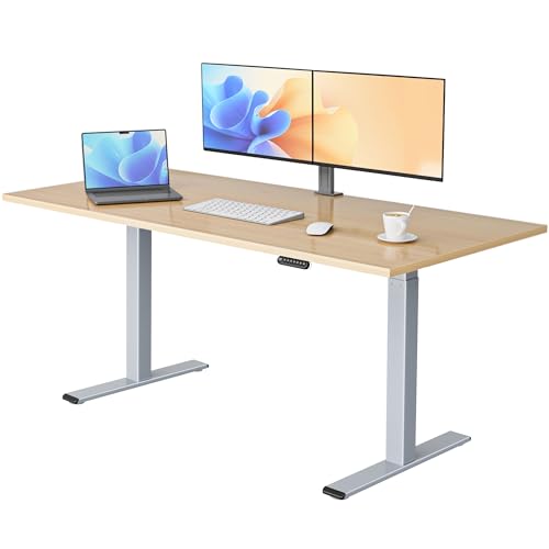 E.For.U® höhenverstellbarer Schreibtisch 180x80 cm, 2 Motoren, elektrisch höhenverstellbares Tischgestell mit 2-Fach-Teleskop, Memory-Steuerung (Silber), DT20L mit Tischplatte (Buche)