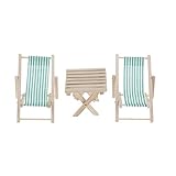 Perfeclan 1:6 Miniature Dollhouse Foldable Wooden Beach Table & Stripe Chaise Longue (3PCS) - Dolls House Outdoor Furniture for 12inch BJD Dolls, Green, as described