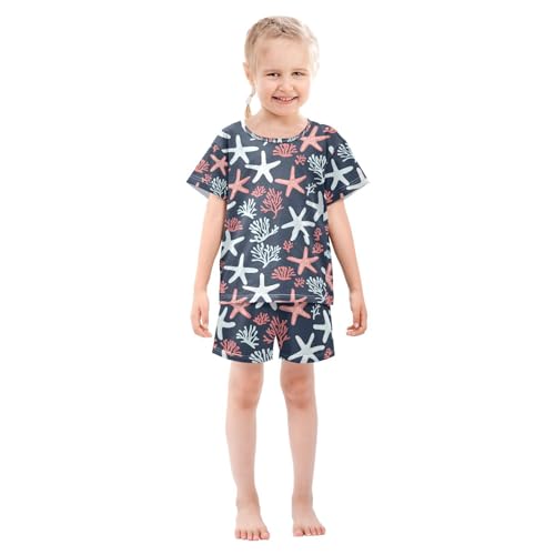 ALAZA Starfish Colorful Blue Coral Reef Pajamas Set Short Sleeve Cotton Sleepwear Summer Pjs 2 Piece 5-14Y3