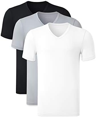 COLORFULLEAF Men's Undershirt Bamboo V-Neck T-Shirts Short Sleeve Tagless Tees Slim Fit Underwear 3-Pack (Black/White/Gray, L)