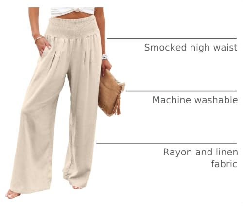 Image of ANRABESS Women Linen Palazzo Wide Leg Pants with Pockets | Smocked High Waist，Comfort Casual Flowy Pants，Lounge Everyday Wear，Summer Boho Cute，2026 Beach Travel Vacation Outfits