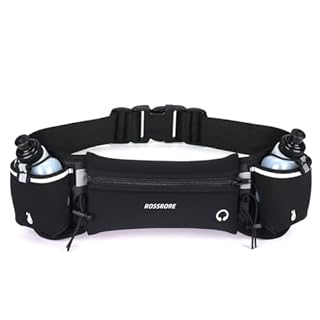 ROSSRORE Unisex Running Hydration Belt with 2x6oz Water Bottles - Running Gear, Waterproof Waist Pack for Phone, Running Bag with Water Bottle Holder for Cyclists, Hiking (Black)
