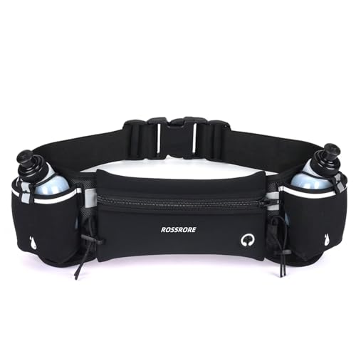 ROSSRORE Running Belt with Water Bottle for Men Women Running Gear with 2x6oz Water Bottles Waterproof Waist Pack for Fits 7 Phones Running Bag for Cyclists Hiking (Black)