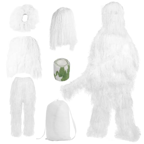 Snow Ghillie Suit for Men Hunting - 6 in 1 White Snow Camo 3D Camouflage Apparel Set with Jacket,Pants,Hood,Tape,Bag for Hunting,Military,Nature