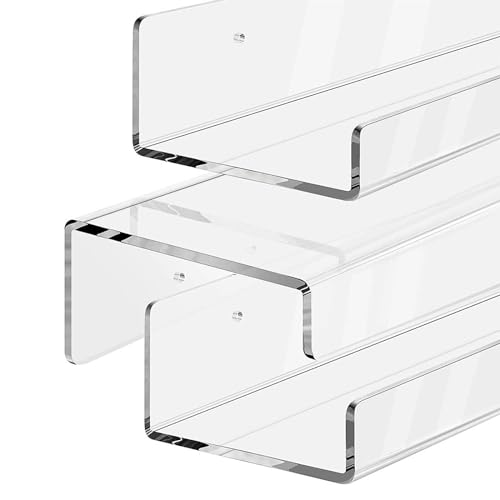 LEMLIT Acrylic Floating Shelves - 2 Pack 15 Inch Vinyl Record Shelf Shelves for Wall Book Shelf Record Holder Clear Floating Shelves Display Collection Picture Ledge Shelf, F45600TL14GPG