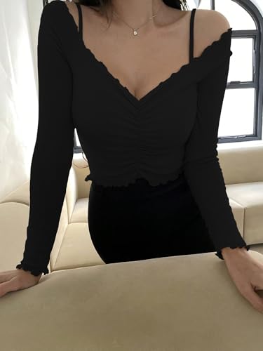 Image of Sugathari Women's Purple Solid Colour Open Cold Off Shoulder Long Sleeve Lettuce Hem Casual Autumn Trim Tight- Slim Fitting Ruched Front Ladies' Camisole Top, Tee, T-Shirt (T-Shirt 184)
