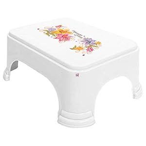 Fun Homes Floral Print Plastic Bathroom Stool, White, pack of 1