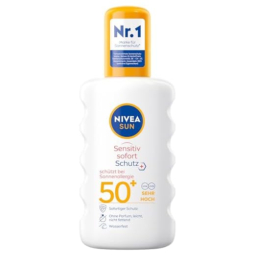 NIVEA SUN Sensitiv Omedelbart skydd solspray anti-solallergi SPF 50+ (200 ml), närande solspray för känslig hud, solmjölk som en praktisk spray