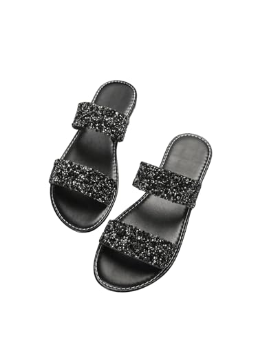 Verdusa Women's PU Leather Rhinestone Slippers Two Strap Open Toe Slip on Flat Sandals