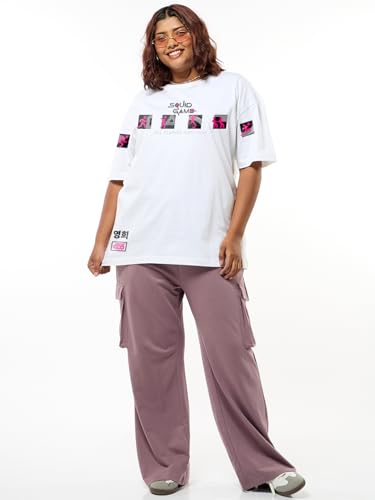 Image of Bewakoof Official Squid Game Merchandise Women's Graphic Print Oversized Fit Half Sleeve Round Neck Pure Cotton Plus Size T-Shirt