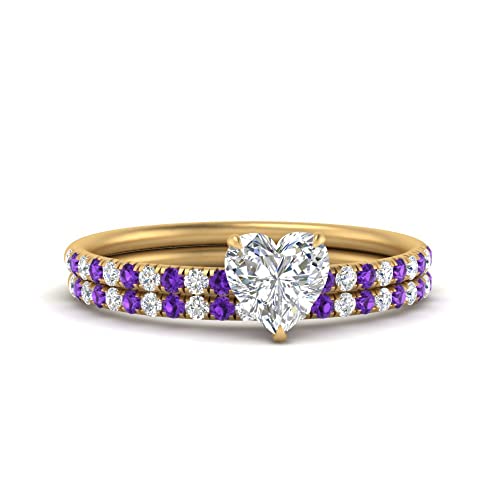 Image of Choose Your Gemstone Pave Petite Ring with Matching Wedding Band Yellow Gold Plated Heart Shape Wedding Ring Sets Minimal Modern Design Birthday Gift Wedding Gift US Size 4 to 12