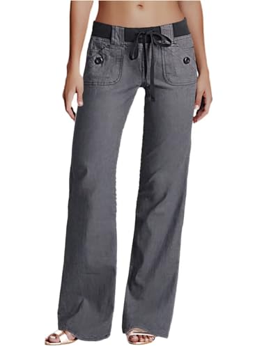 Flamingals Low Rise Cargo Wide Leg Pants for Women Drawstring Flap Pockets Y2K Bow Tie Casual Flare Pants