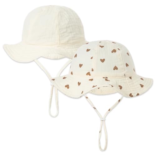 HTTDSLF 2 Pcs Chapeau Soleil Bébé, Fille Coton Chapeaux de SoleilAjustable Naissance Bonnet UV Enfant Casquette Coton Casual Plage Vacances 0 à 2 Ans, Beige...