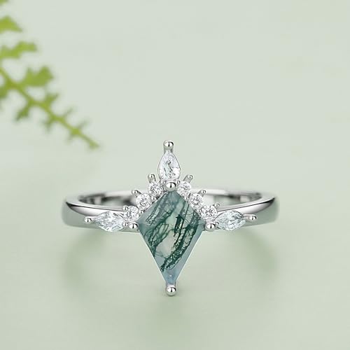Personalized Promise Rings for Women, Custom Moss Agate Rings for Women, Engravable Promise Rings for Her, Engraving Engagement Ring with Kite Shaped Moss Stone, Plated with White Gold, Wedding Rings2