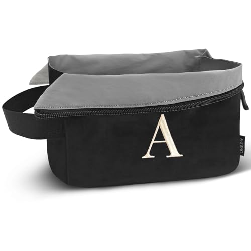 A-Z BAG Beauty case da viaggio con apertura ampia, impermeabile, borsa organizer per la rasatura da palestra, borsa per il trucco personalizzata da donna (A, Nero)