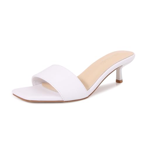 Women's Kitten Heels Sandals Heeled Slides Square Open Toe One Band Slip-On Heeled Mules Low Heeled Sandals for Women - Main Image