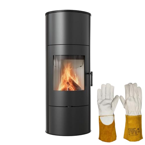 KRATKI Kaminofen aus Stahl Rollo bereit Satz Ø 150 7 kW mit Raumluftunabhängig Blass Verkleidung BImSchV 2 Staubauslass 150 mm EEK A Kaminofen HKI Hitzebeständige Handschuhe inklusive